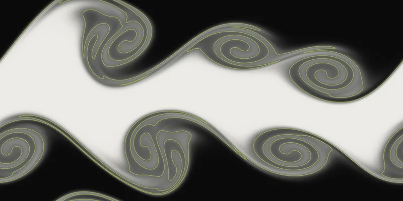 A pale horizontal band of passive dye between two shear layers, its edges curled into rows of spirals that entrain dark fluid, outlined by one thin fluorescent yellow-green line at half concentration.