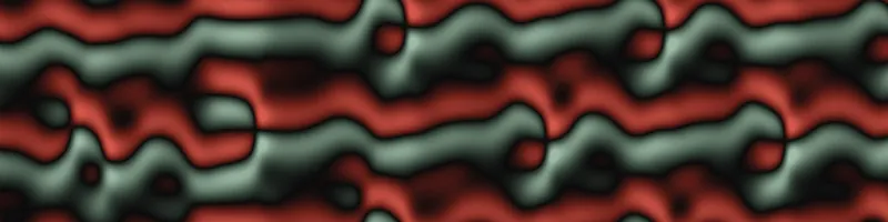 Space-time diagram of a chaotic Kuramoto–Sivashinsky solution: time runs left to right, space vertically; wavy red and green stripes of negative and positive u merge, split and drift, separated by black zero lines.