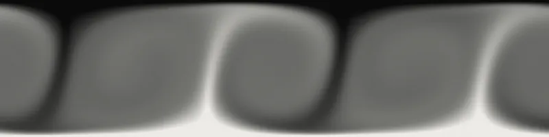 A long horizontal slab of convecting fluid on black: bright hot plumes rise from the bottom wall and dark cold plumes sink from the top, carried by large convection rolls across a nearly uniform grey interior.