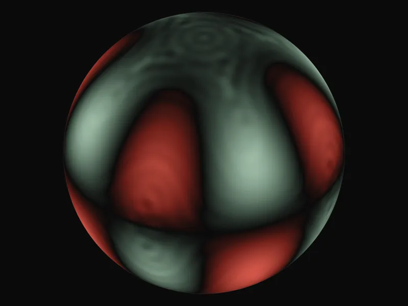 A globe seen from mid-northern latitudes on a black background, covered by large alternating green and red vorticity lobes: four around each hemisphere, the northern and southern lobes of opposite sign across the equator, with faint concentric ripples near the pole.