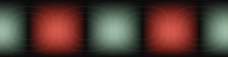 A horizontal band of alternating red and green vertical stripes fading to black at the top and bottom walls: the azimuthal velocity of Taylor vortices between two cylinders, with thin silver closed streamlines circling the dark vortex centres.
